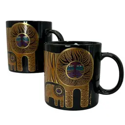 #01 Vintage Laurel Burch Lion Mugs (2) 4” x 3.5” Japan