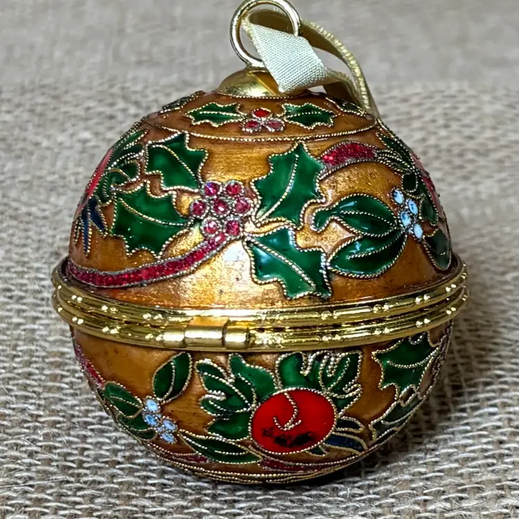 Vintage Home For The Holidays Golden Cloisonne Ball Ornament Hinged Trinket Box