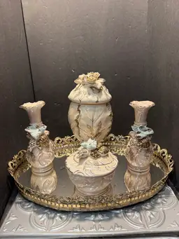 Vintage Japan Blue Bird Dresser Set With Mirror