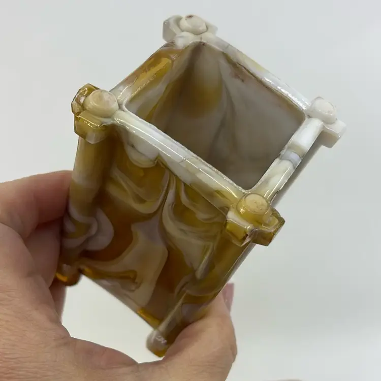 Antique 1880s Sowerby Butterscotch Slag Spill Vase ~ Hard To Find 2.5x2.5 3.75H