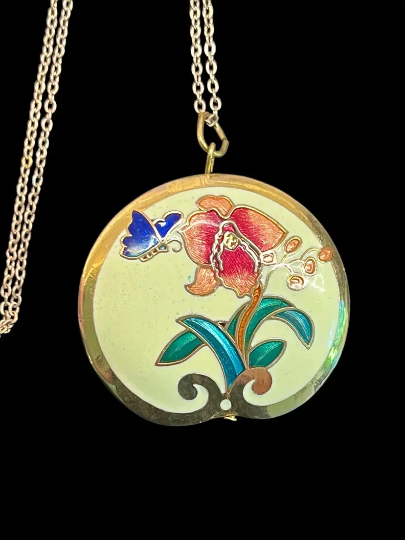 Vintage Cloisonné Floral Butterfly Enamel Guilloche Necklace 30" Necklace #of-c