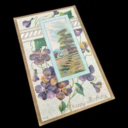 “A Happy Birthday” Violet Purple Blue And Gold Spring Home Vignette Antique Postcard, Unused