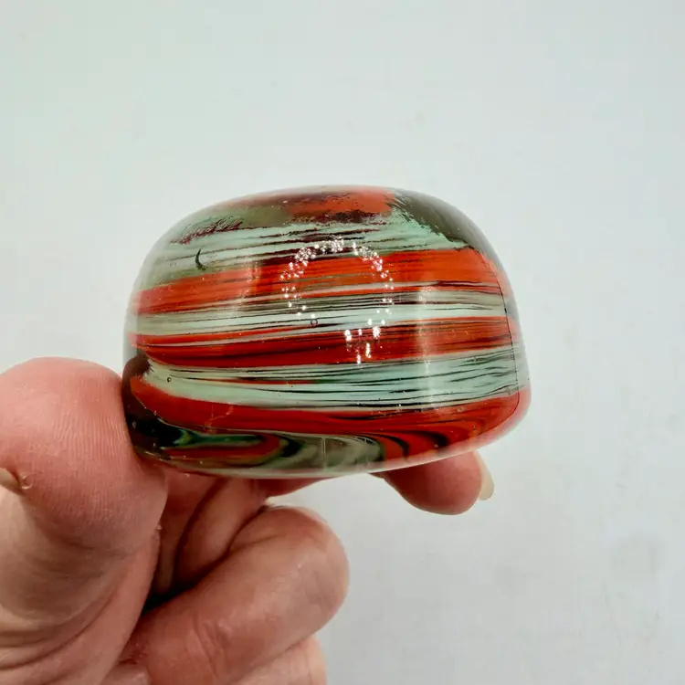 Vintage 1960’s Becraft Handmade Glass Paperweight, Aqua Reddish Orange Swirl Made in USA