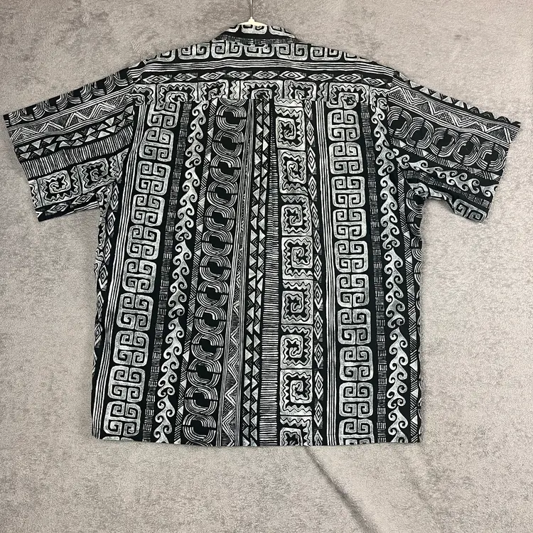 Tori Richard Honolulu Men’s XL Hawaiian Shirt Black & White Tribal Print 100% Cotton Made in Hawaii