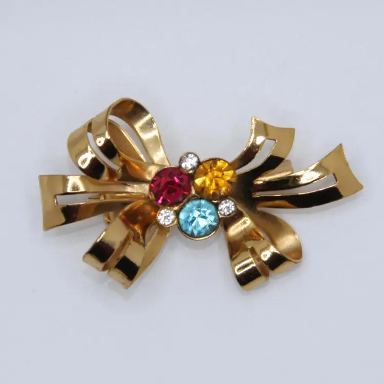 Vintage Coro Gold Tone Bow Rhinestone Brooch Pin Signed