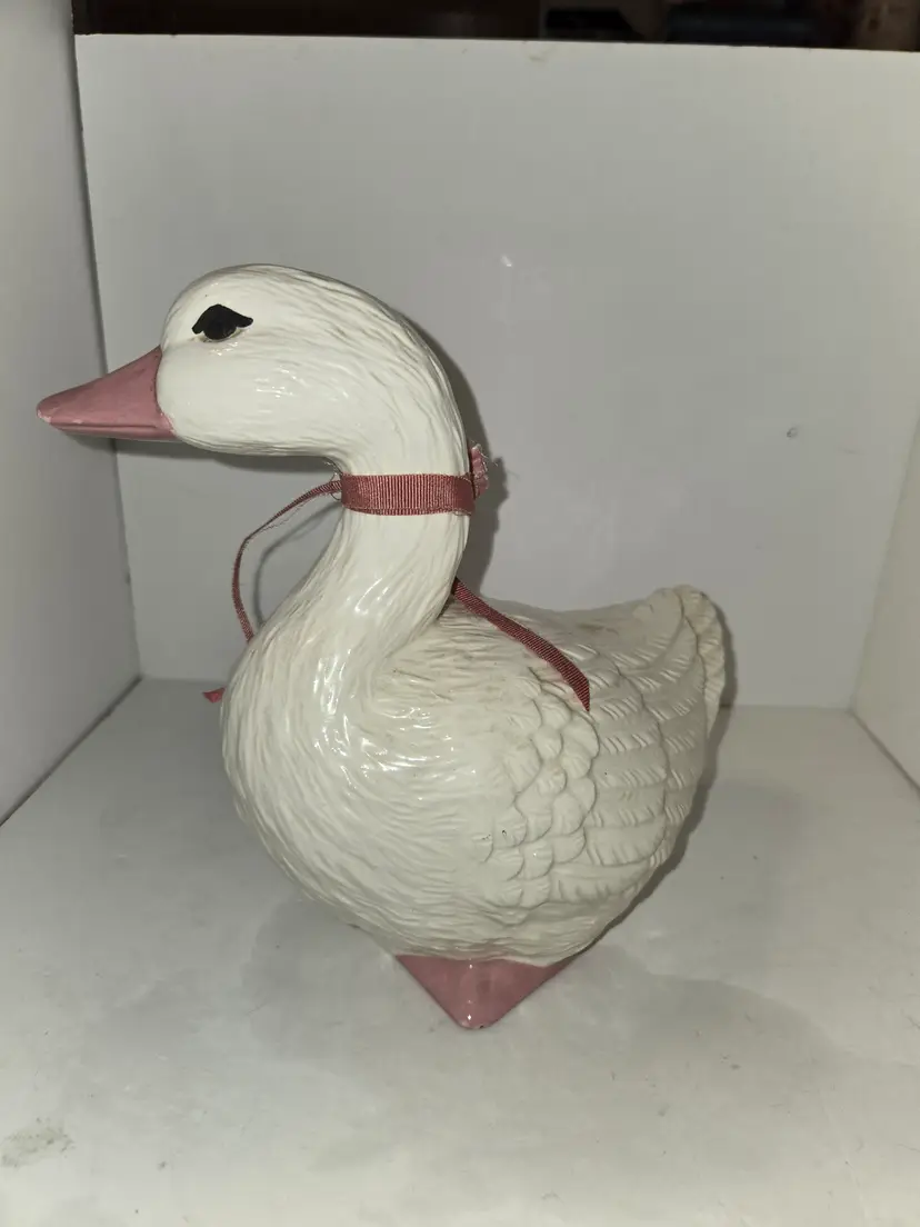 Large White Ceramic Duck Figurine Vase - Pink Accents, Ribbon & Flower Detail