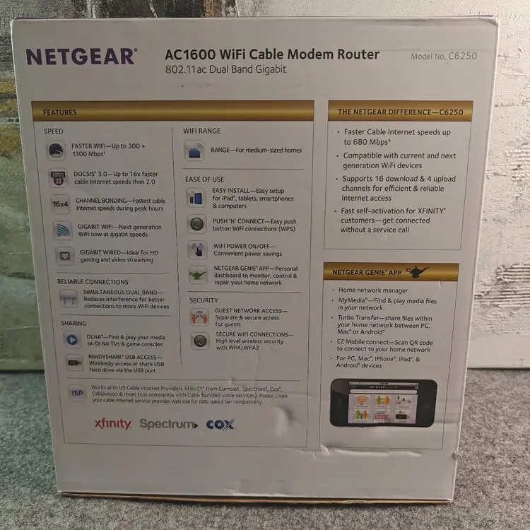 NETGEAR AC1600 WiFi Cable Modem Router (C6250) DOCSIS 3.0 – PRE OWNED