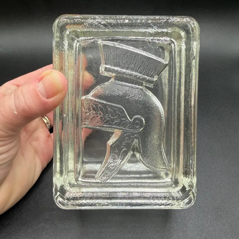 Vintage ITALIAN Cut Glass Cigarette Box With Lid, Warrior Roman Image