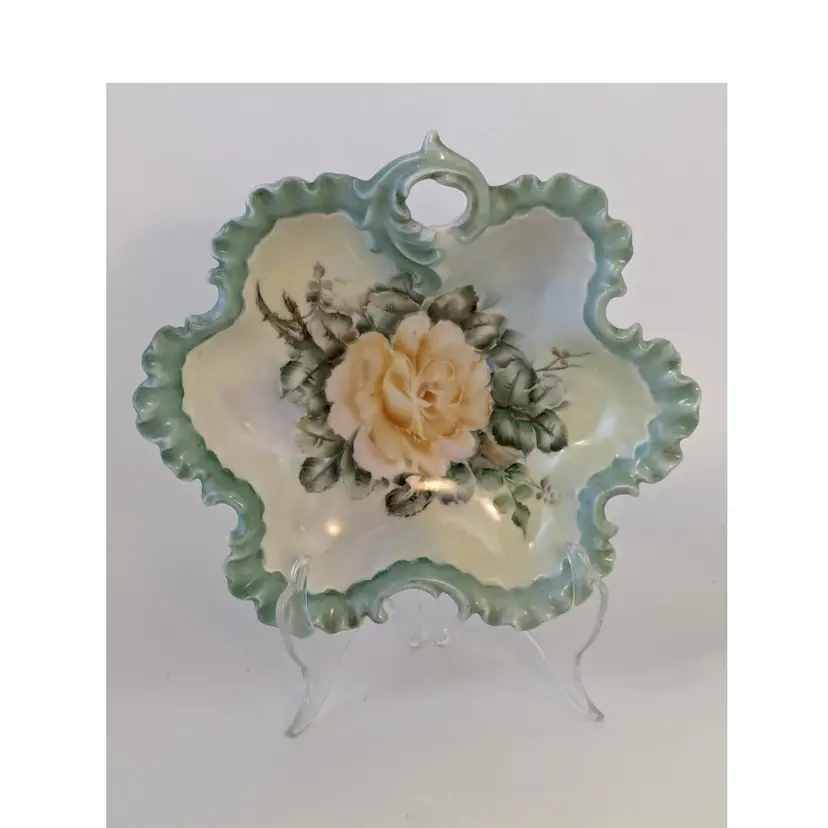 Vintage German? Hand Painted Yellow Rose Handled Dish Artist Signed