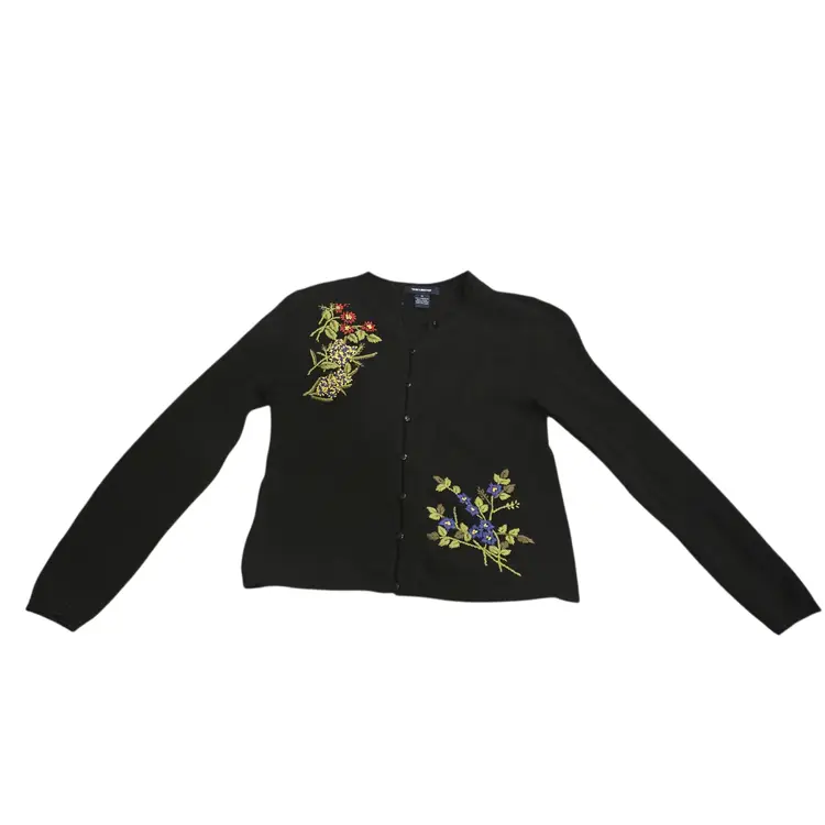Vintage Women's Black Lambs Wool Floral Hand Embroidered Cardigan Cottagecore M