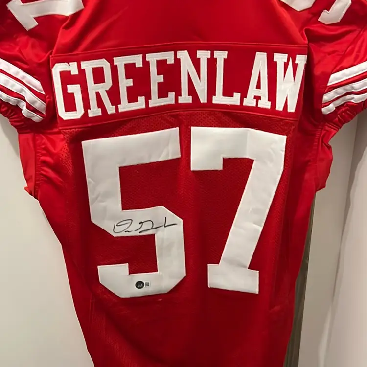 DRE GREENLAW AUTOGRAPHED CUSTOM 49ers JERSEY. BECKETT AUTHENTICATED.