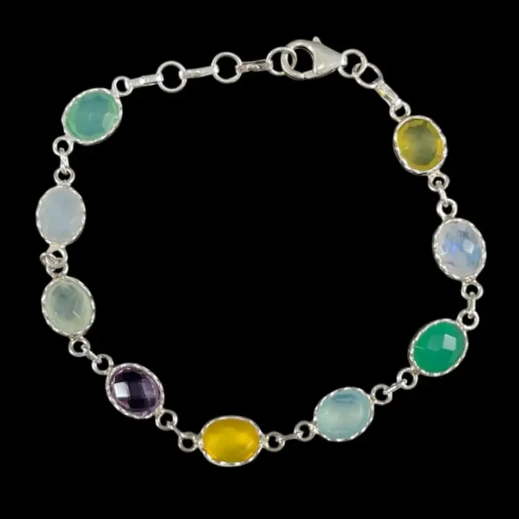 Faceted Multi Gemstone Sterling Silver Link Bracelet, 925 Bracelet With Multicolor Faceted Gemstones