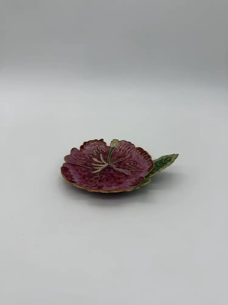 Pink Hibiscus Fabrege Style Enamel On Metal Trinket Dish With Gold Accent