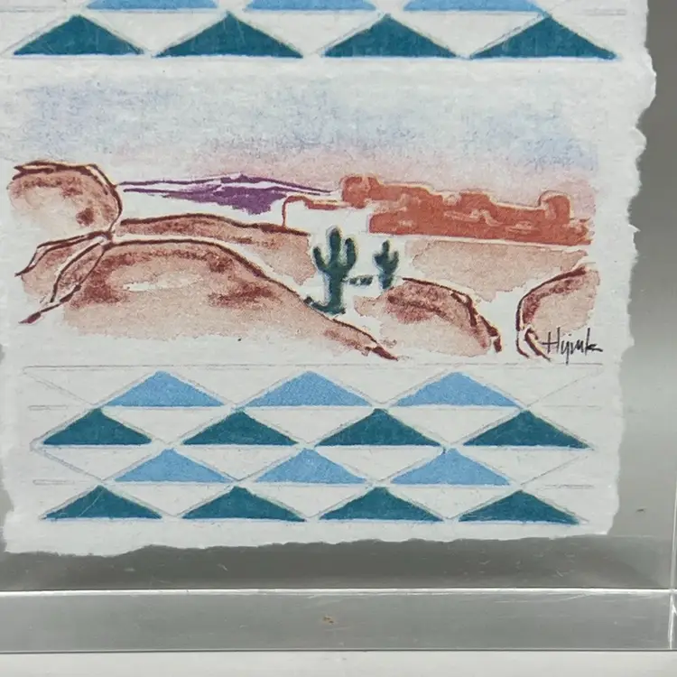 Miniature Painting Inside Acrylic Block Paperweight Signed Southwest Theme 3.5”