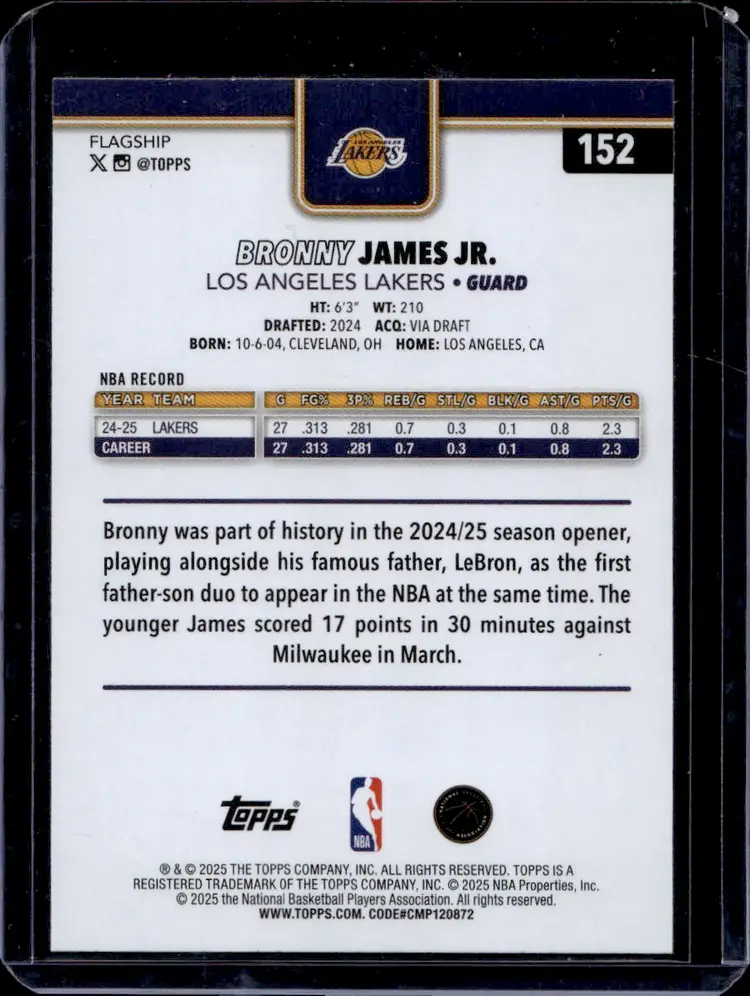 Bronny James Jr. Topps Lakers Card 038/2025