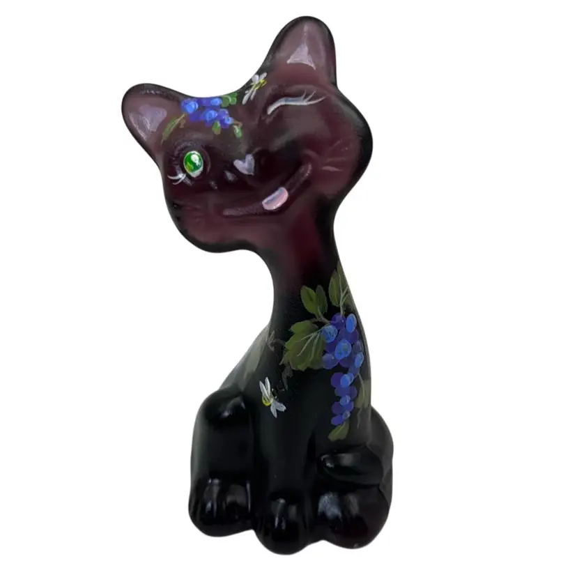 Fenton Amethyst Happy Cat - Handpainted Dated Signed -Super Fenton Exclusive 6/6 - 4” ~ BumbleBees, Grapes & Leaves - FAGCA