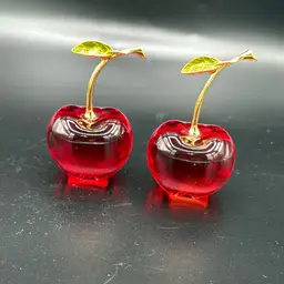 Two Glass Cherries With Enamel Leaves