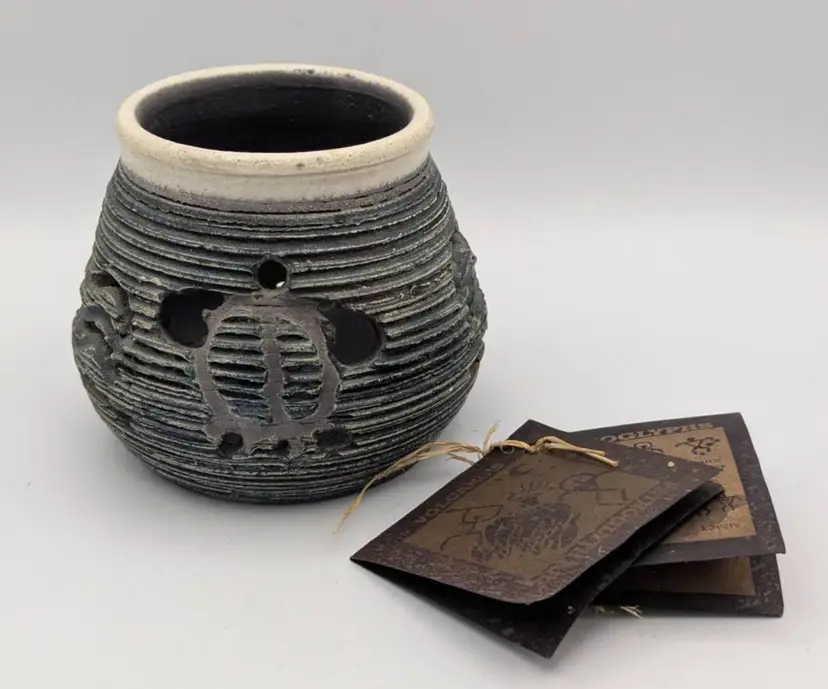 Raku Ben Diller Art Pottery Petroglyph Green Sea Turtle Vase Bowl Signed Hawaii