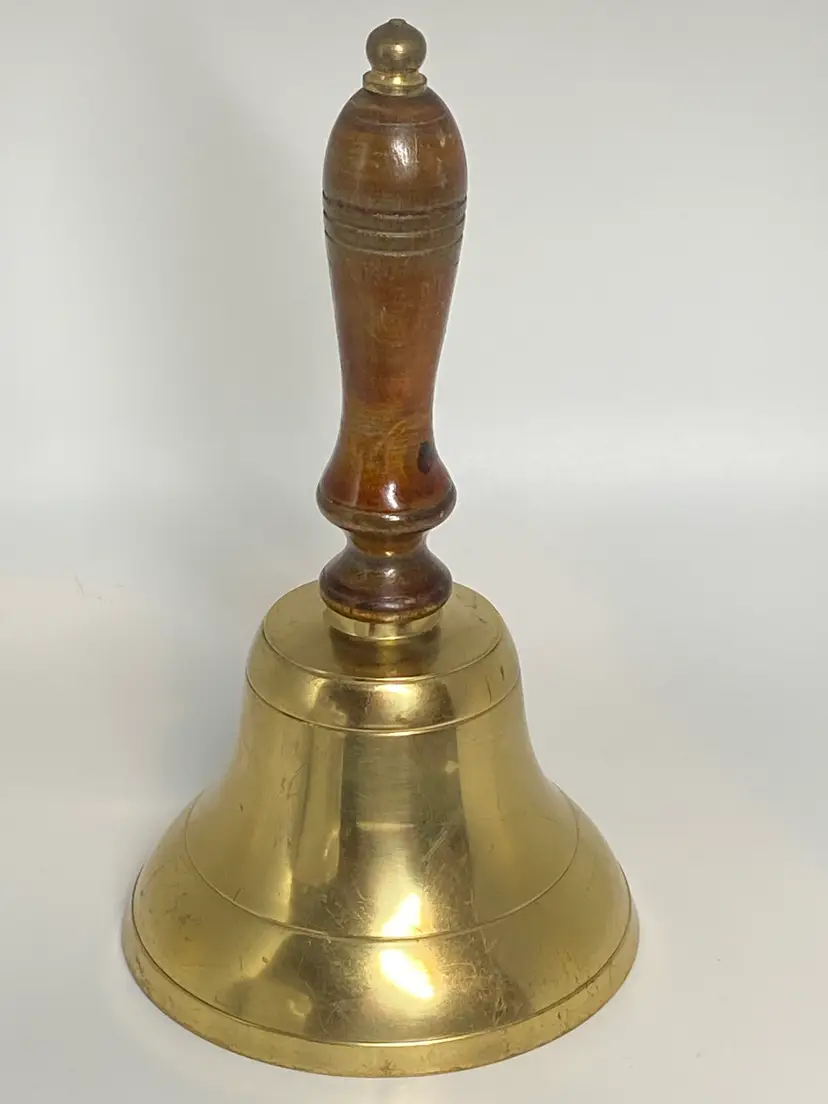 Brass Hand School or Dinner Bell w/ Wood Handle, 8" Tall