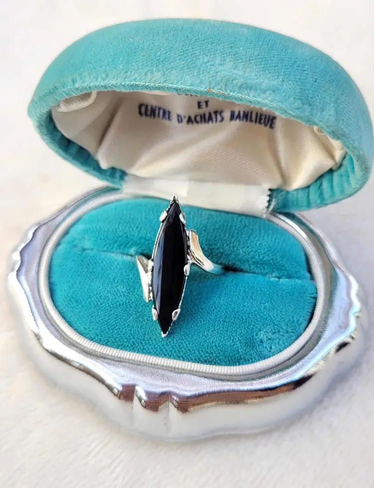 Vintage 1930s 10k White Gold Onyx Marquise Art Deco Cocktail Ring Sz 6