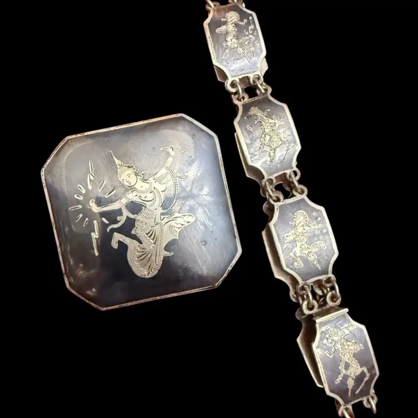vintage Siam sterling silver 925 niello panel bracelet and matching Brooch