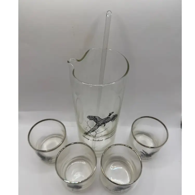 Federal Glass Sportsman Silver Rimmed Glasses (4) & Pitcher W/ Glass Stirrer Set