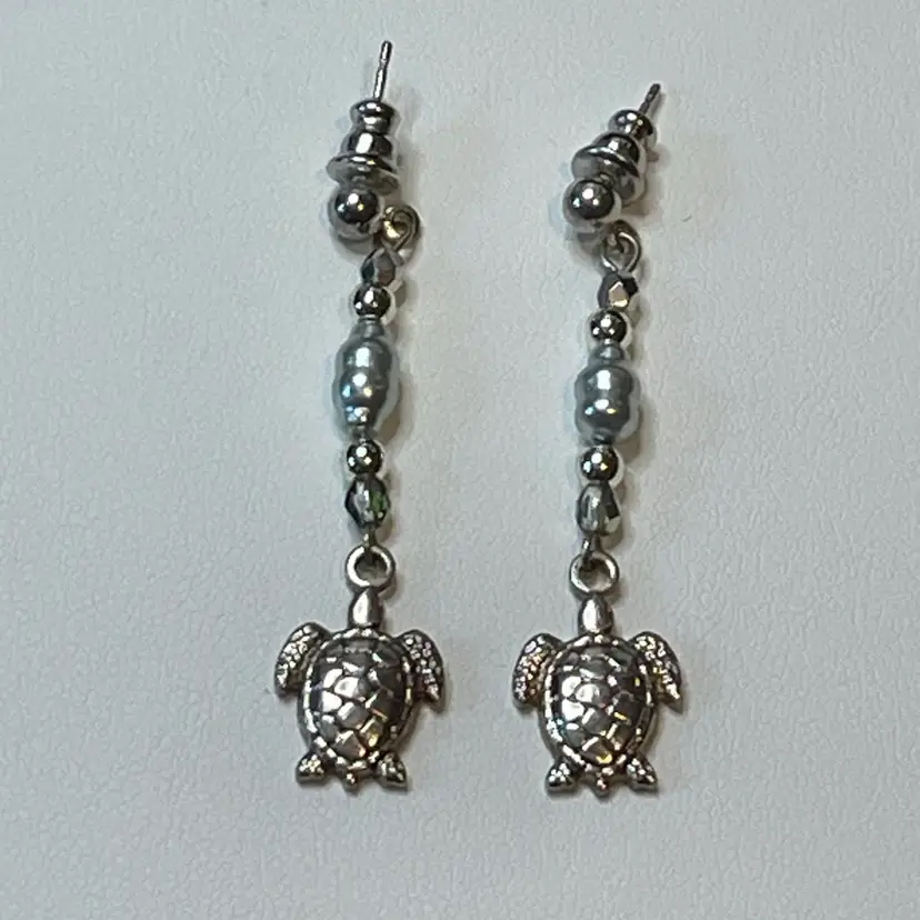 Silver tone Pierced Ear 2” Turtle Dangle Earrings