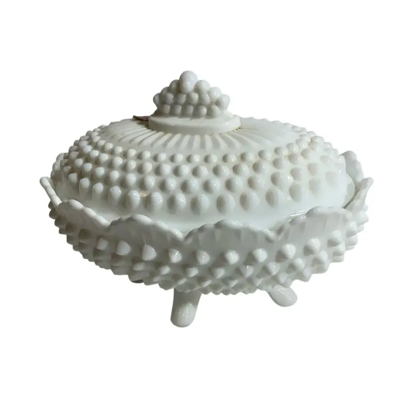 #0001 Vintage Fenton White Hobnail Milk Glass Footed Pedestal Covered Candy Dish. 4.5” Tall And 6.5” Long On Trinket Candy Covered Dish With Makers Sticker With Four Feet