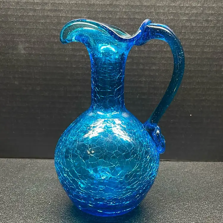 Vintage Crackle Art Glass Blue Pitcher
