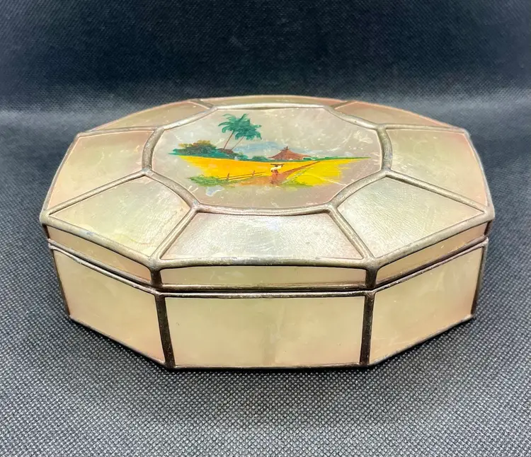 Vintage Capiz Shell Hinged Octagon Trinket Box , Souvenir Philippines