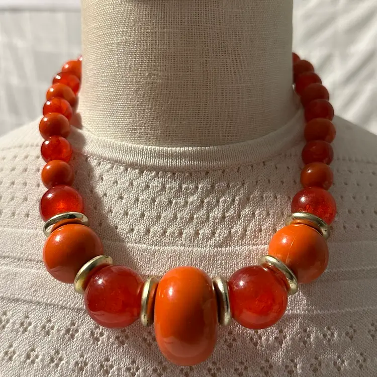 Vintage Hong Kong Fire Orange Lucite Beaded Choker Necklace