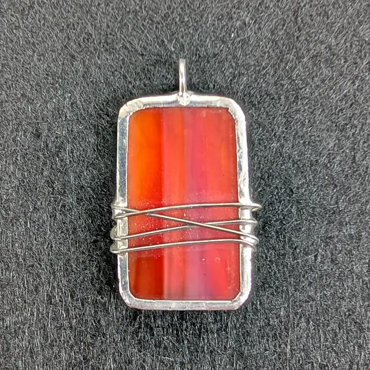 Reversable Orange & Red Slag Marbled Stained Glass Pendant Soldered Bezel Wire Wrapped