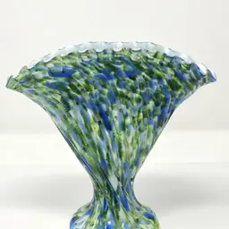 Fenton Murrhina Aventurine Blue and Green Cased Glass Ruffled Fan Vase