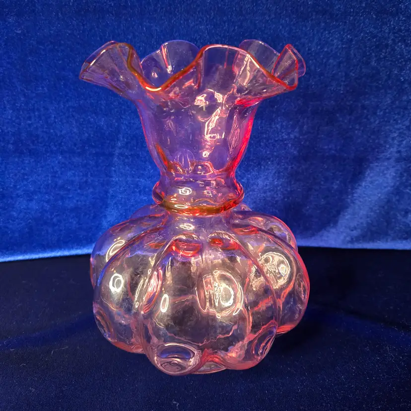 232  Fenton Diamond Optic Melon Vase Cranberry GLOWS 8"