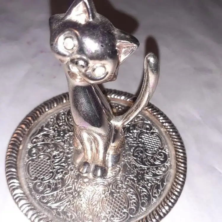 Vintage Silver Alloy Cat Ring Holder Tray