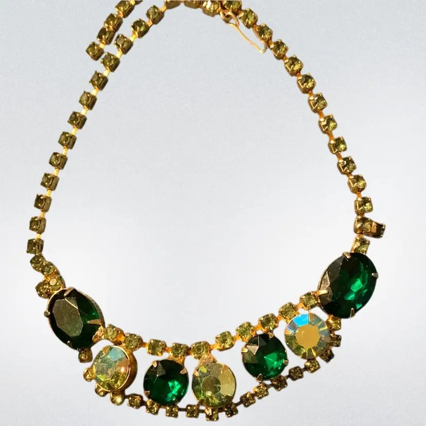 Vintage Gold Tone Green Rhinestone And AB Chocker Necklace , Chain Light Green Rhinestones Hook Clasp