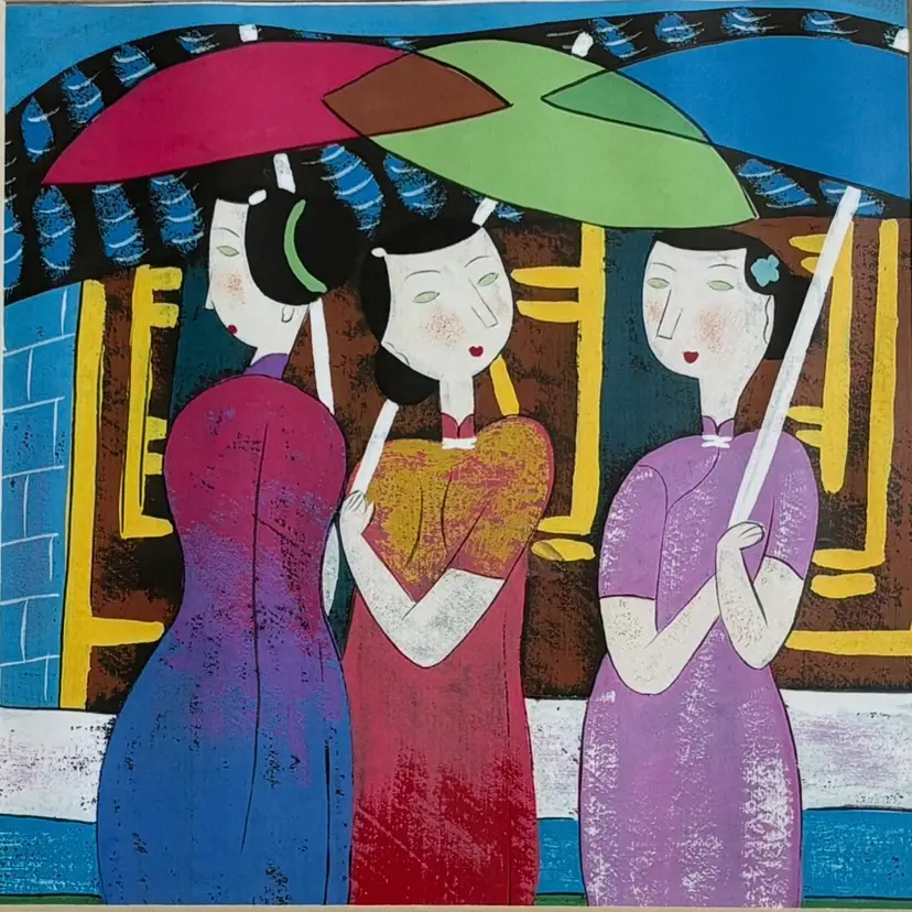 Hu Yongkai Three Women With Umbrellas Art Print In Matte Chinese Artist Colorful