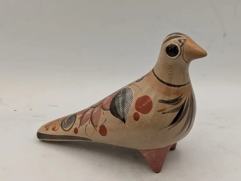 Vintage Tonala Mexican Pottery Bird Figurine Hand Painted Folk Art Blue Floral