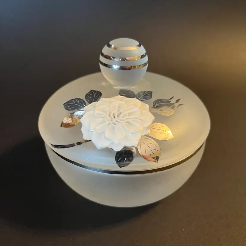 Vtg Frosted Glass Vanity Jar Silver Overlay Enameled Flower Lidded Trinket Dish