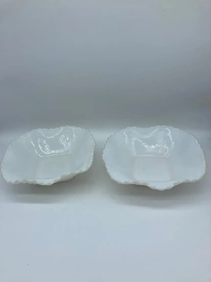 Hazel Atlas Milk Glass Diamond Pattern Ruffled Bowls Ruffled Saw Tooth Edge Lot of Two