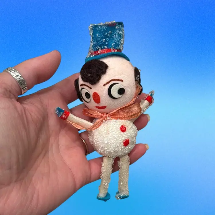 Vintage MCM Mica Putz Spun Cotton Sugared Snowman w/ Hat Ornament 5.5”