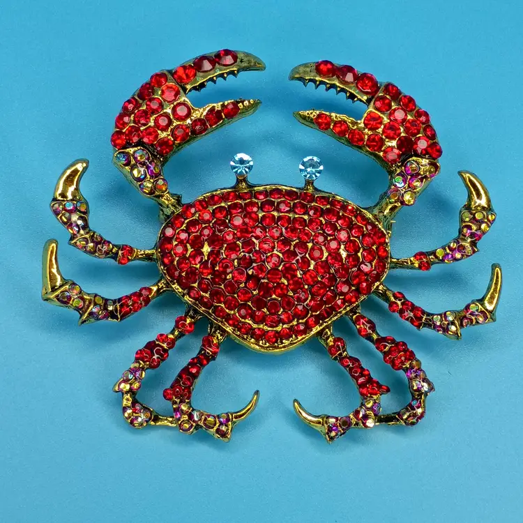 Red Rhinestone Crab Brooch Pin Gold Tone Sparkly Crustacean Statement Jewelry (Inv - #04)