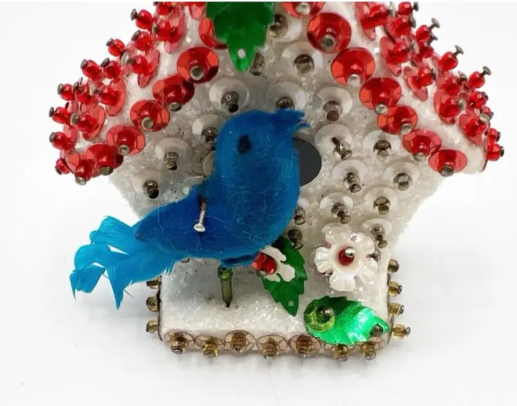 Vintage Push Pin Christmas Ornament Sequin Bird House Bluebird Handmade 2.5"