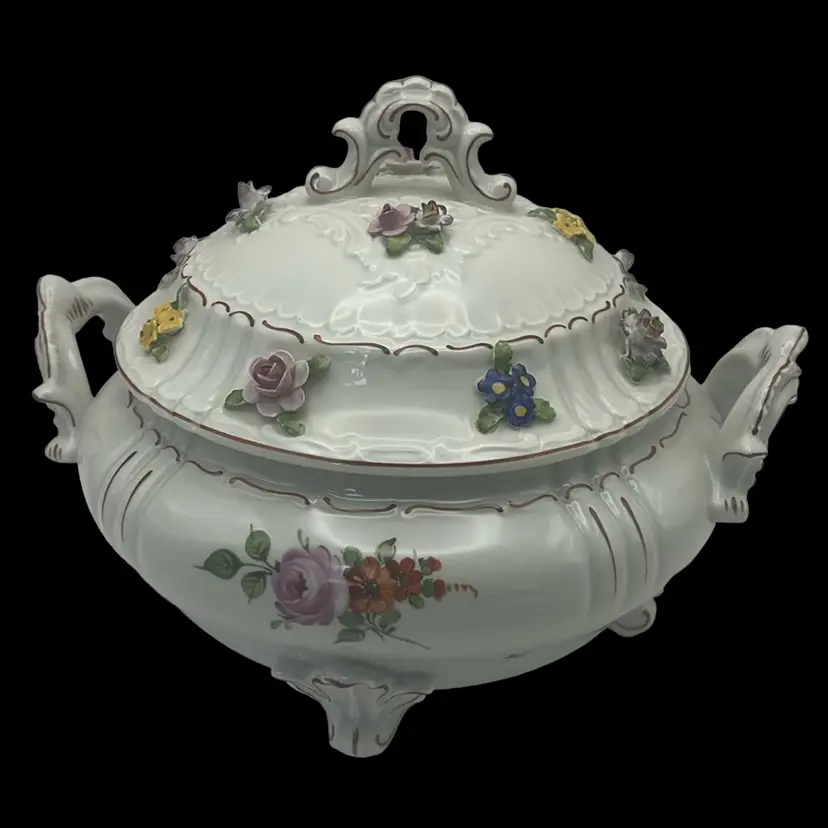 Antique Von Schierholz German Porcelain Floral Footed Covered Dish