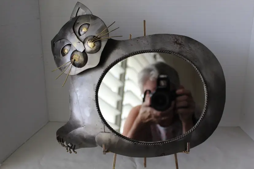 Vintage Mexican Folk Art Tin And Brass Tone Cat Mirror