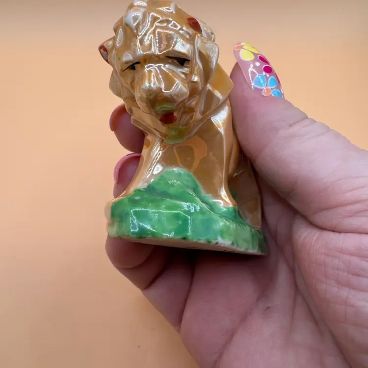 Vintage LION TOOTHPICK/pin Cushion, Porcelain Luster Art Deco Cubist Figure Made In Japan
