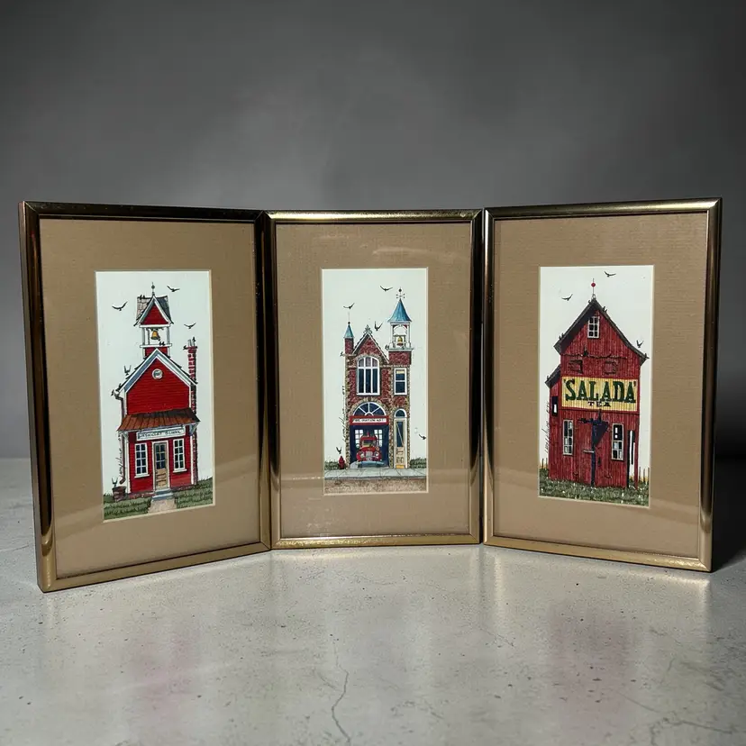 3 '90's Limited Edition Larry Miller Art Prints School Fire Station Salada Tea  8.25" X 5.25" X .75"