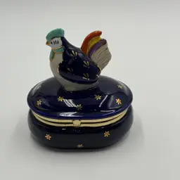 Vintage Takahashi Japan Porcelain Chicken Rooster Jewelry Trinket Box Blue Gold AS IS