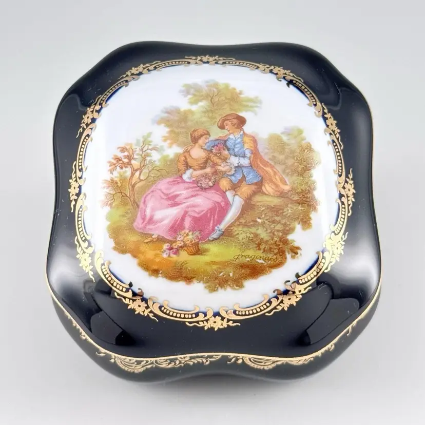 Limoges Castel France, Courting Couple Porcelain Trinket Box, Cobalt Blue & 22k Gold