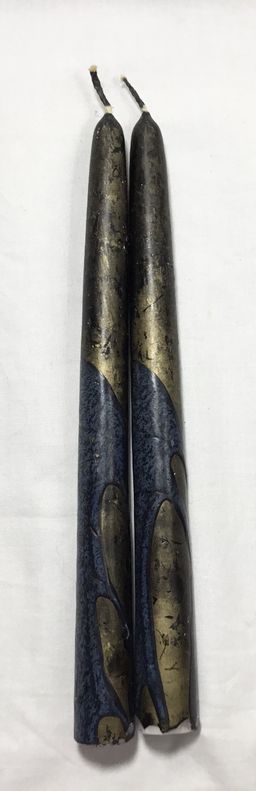 Unusual dark taper candles, one pair, black, gold, dark blue "dripped"  overlay design